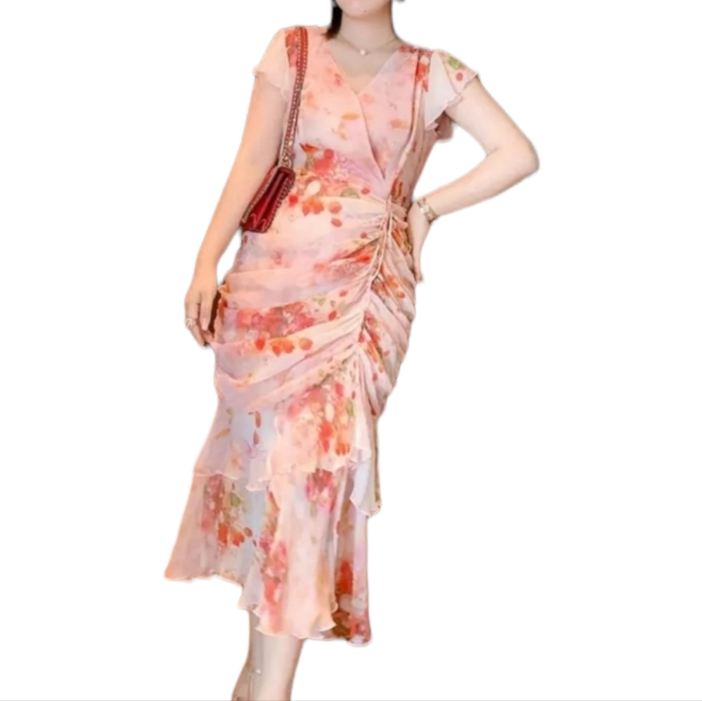 PEACH FLORAL CREPE SILK PRINTED GATHETED MAXI DRESS